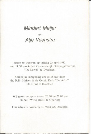 Trouwkaart Mindert Meijer en Atje Veenstra